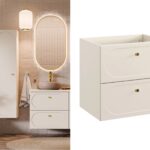 600mm bathroom vanity unit with drawers wall hung beige cabinet retro luxury milled front with gold handles