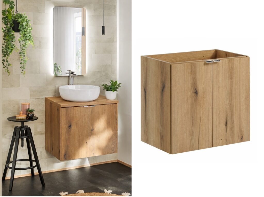 Bathroom Vanity Unit 600mm Wall Mounted Floating 2 Door Narrow Slim Sink Cabinet Oak - Nova