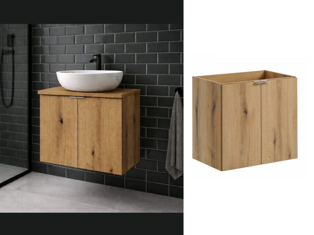 Bathroom Vanity Unit 600mm Wall Mounted Floating 2 Door Narrow Slim Sink Cabinet Oak - Nova