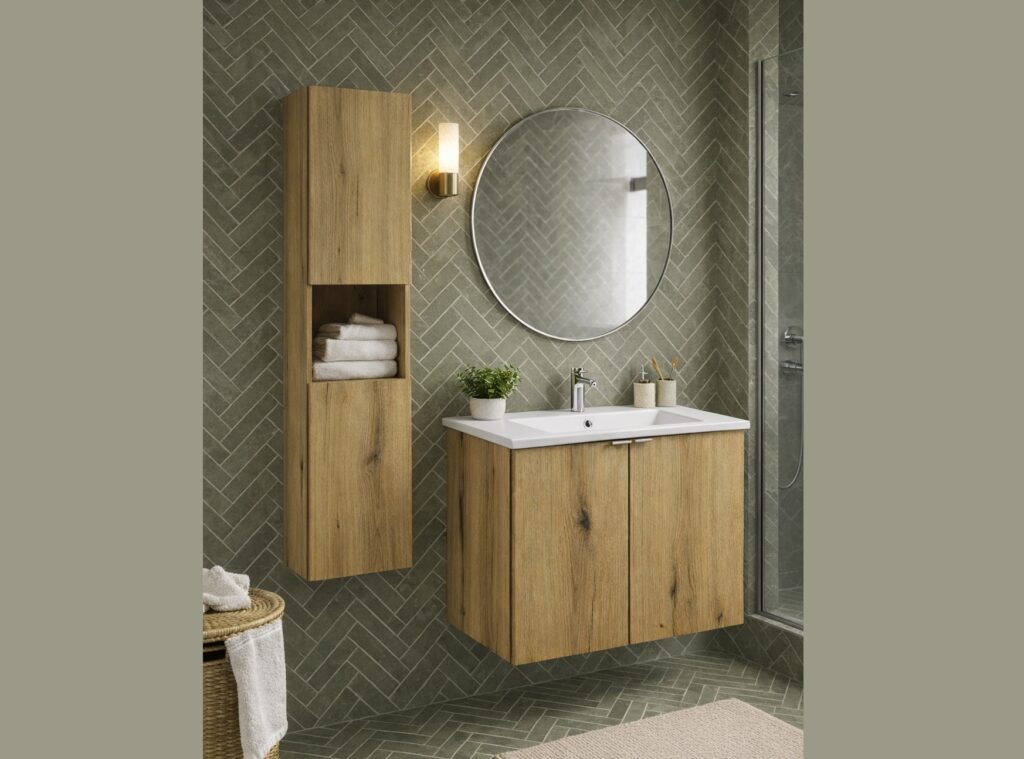 Bathroom Vanity Unit 600mm Wall Mounted Floating 2 Door Narrow Slim Sink Cabinet Oak - Nova