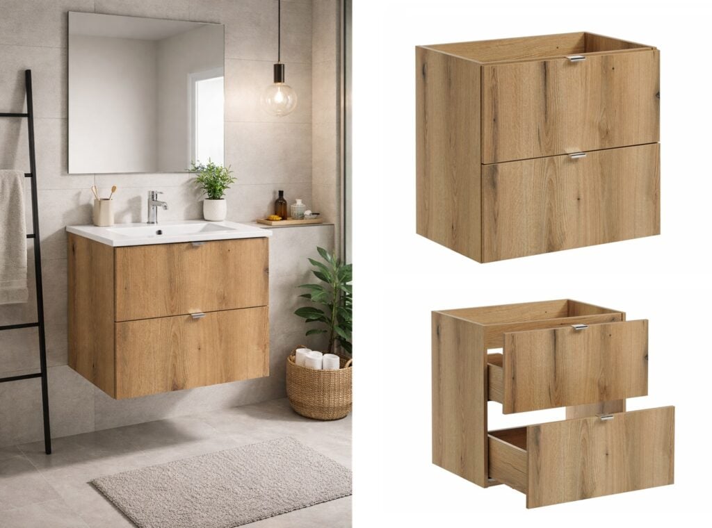 Bathroom Vanity Unit 600mm Wall Hung Sink Cabinet Floating Drawers Oak Effect - Nova