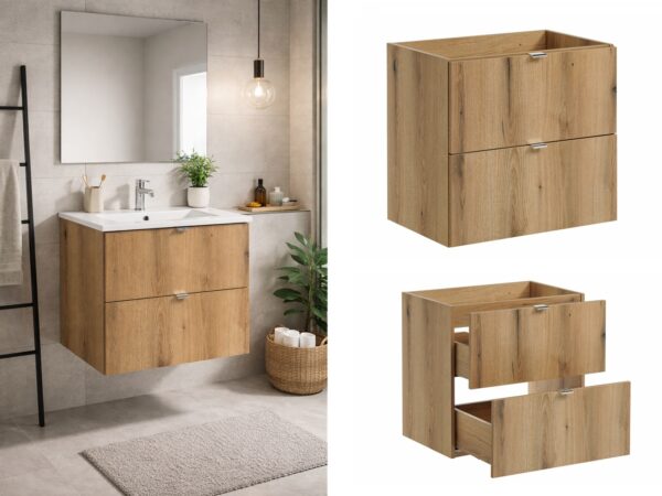 bathroom vanity unit wall hung 2 drawer oak cabinet budget affordable