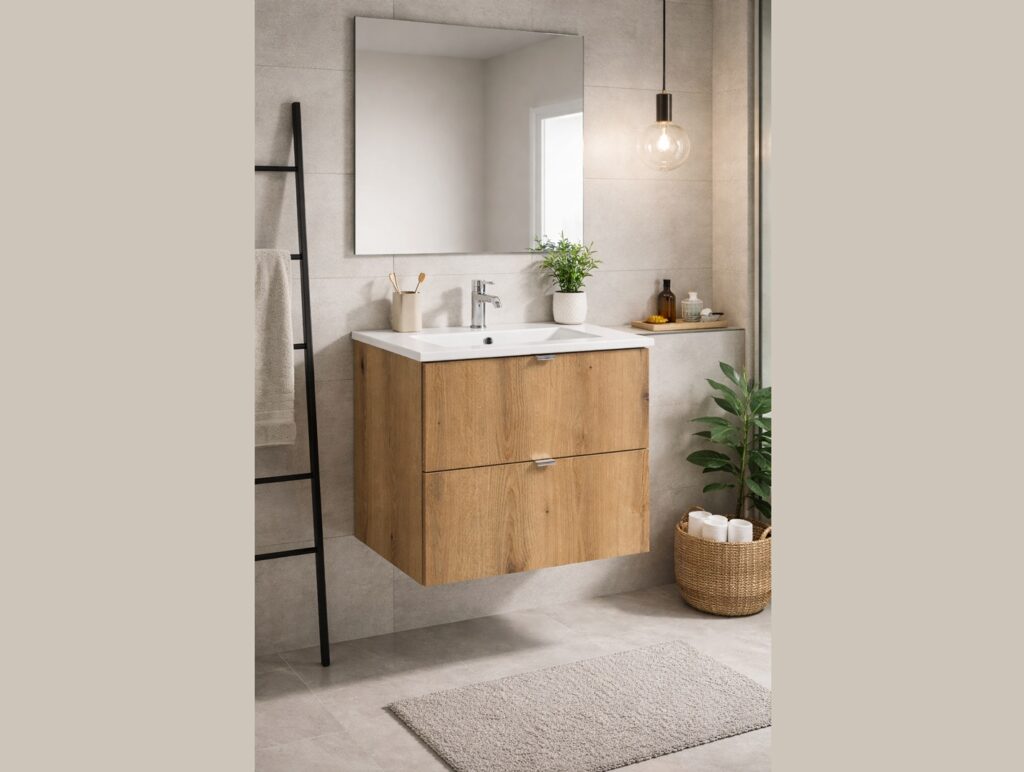 Bathroom Vanity Unit with Sink and Drawers 600mm Wall Cabinet Floating Narrow Slim Storage Oak Effect - Nova
