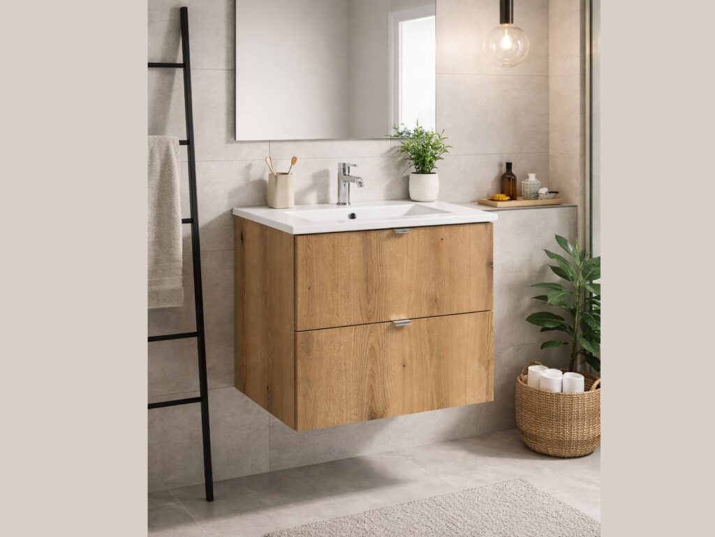 Bathroom Vanity Unit with Sink and Drawers 600mm Wall Cabinet Floating Narrow Slim Storage Oak Effect - Nova