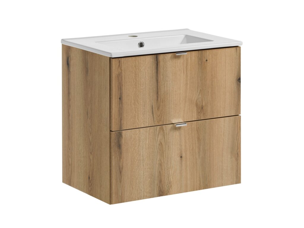 Bathroom Vanity Unit with Sink and Drawers 600mm Wall Cabinet Floating Narrow Slim Storage Oak Effect - Nova