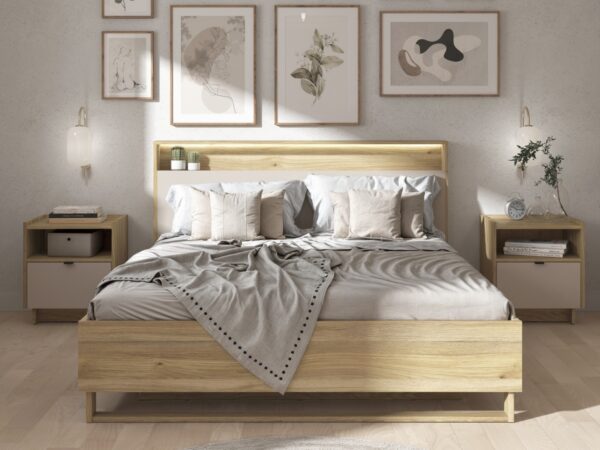 beige ottoman with storage king size Bed frame and bedside cabinets lift up oak bedframe with cashmere beige side tables