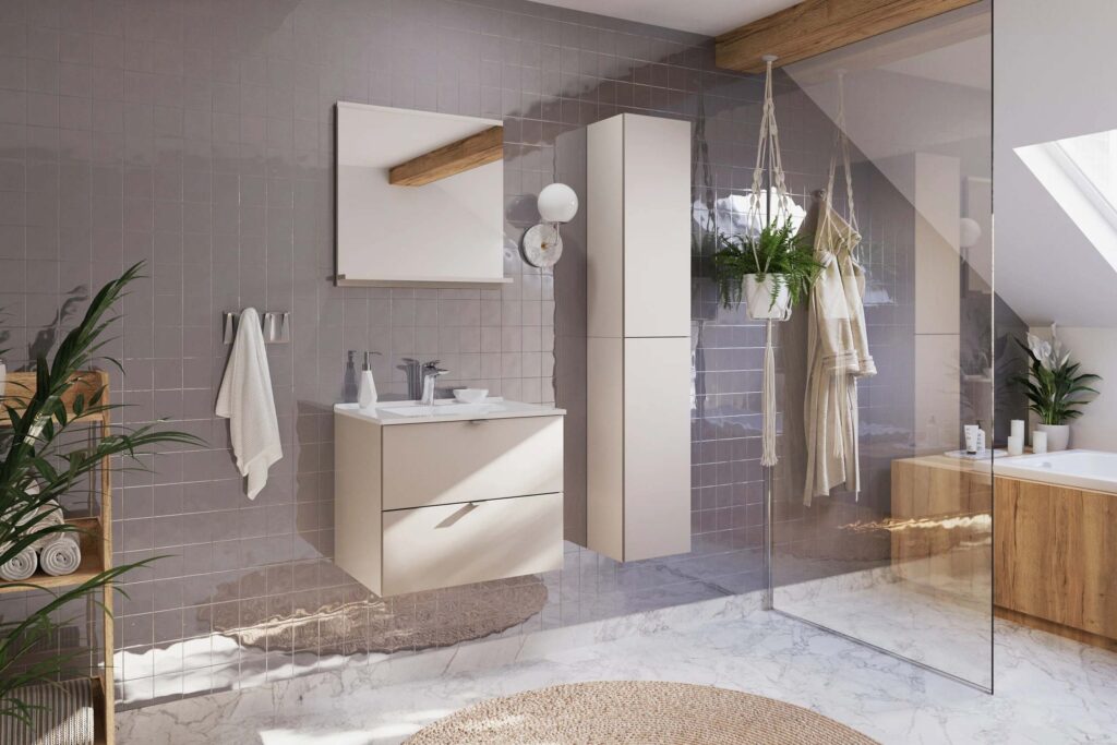 Countertop Vanity Unit and Sink 600mm 60cm Floating Bathroom Wall Cabinet Drawers Cashmere Beige Slab Front - Dalia