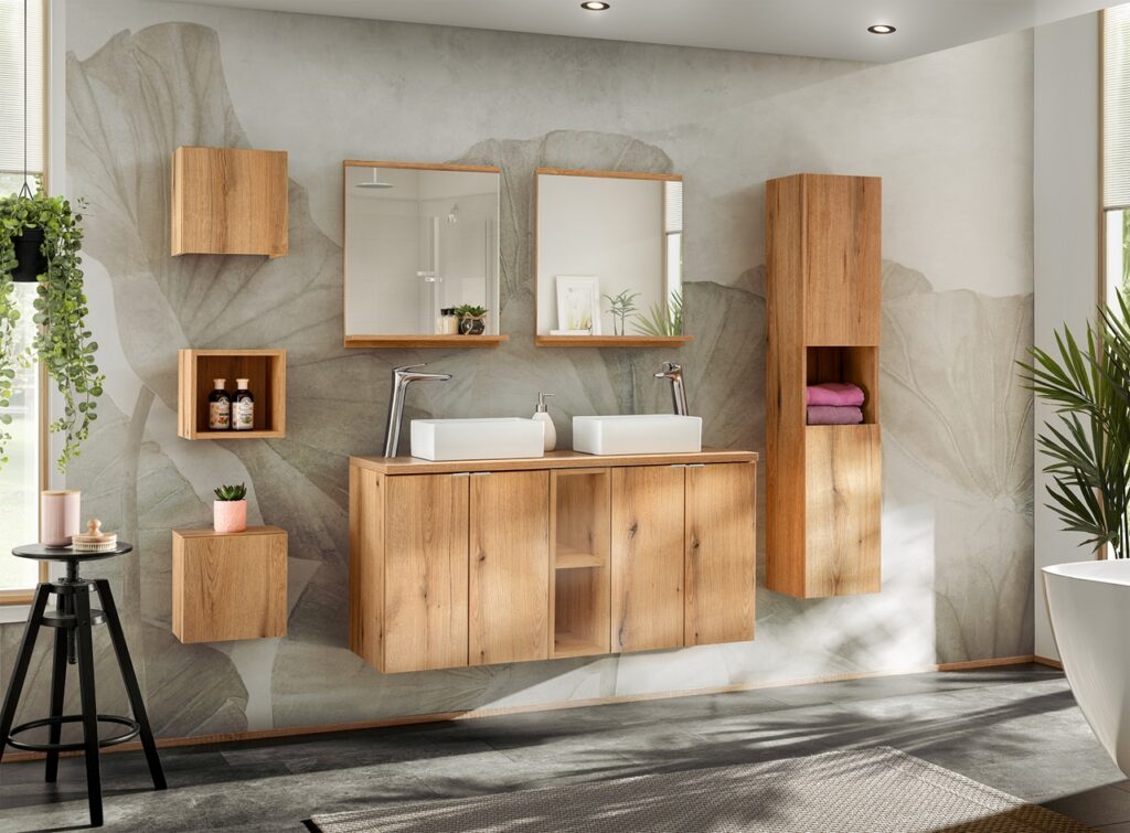 Bathroom Vanity Unit 600mm Wall Mounted Floating 2 Door Narrow Slim Sink Cabinet Oak - Nova