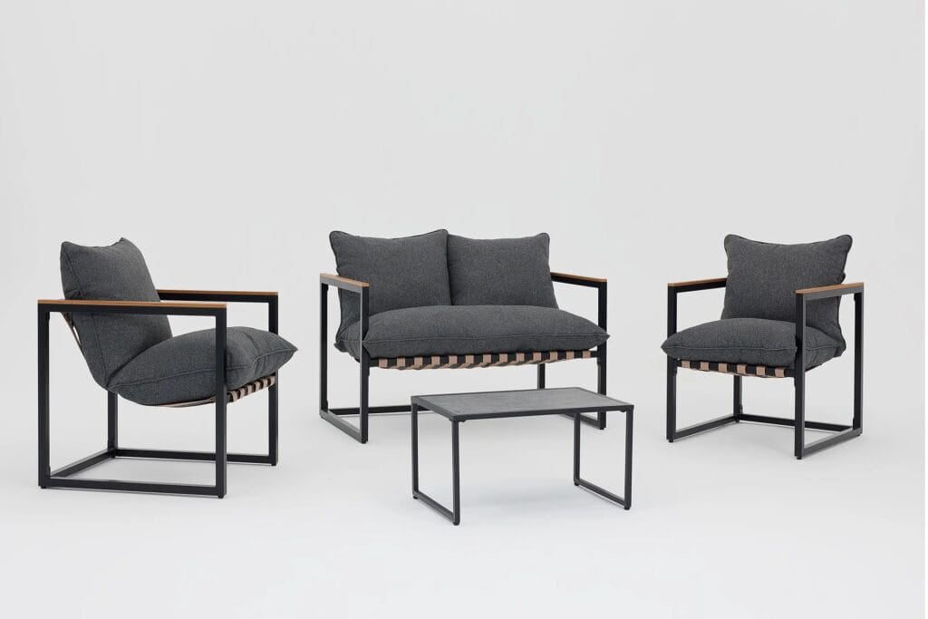 Outdoor Garden Lounge Set 2 Seater Sofa Chairs Coffee Table Grey Cushions 4 Seater Black Furniture - Porto