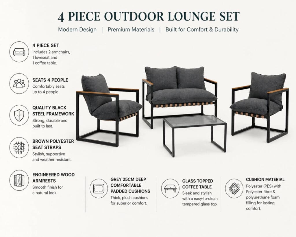Outdoor Garden Lounge Set 2 Seater Sofa Chairs Coffee Table Grey Cushions 4 Seater Black Furniture - Porto