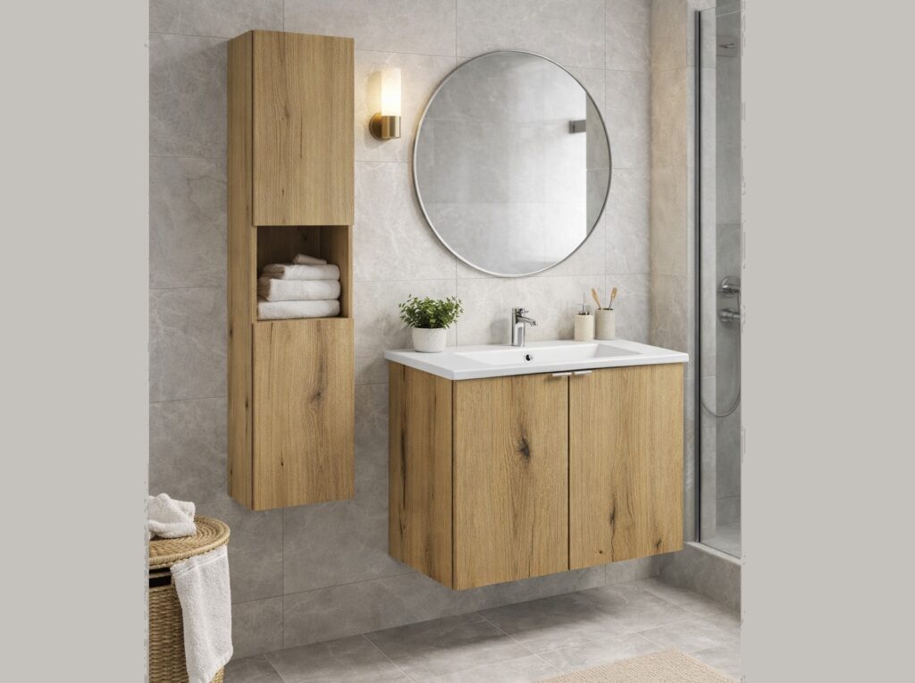 Bathroom Vanity Unit 600mm Wall Mounted Floating 2 Door Narrow Slim Sink Cabinet Oak - Nova