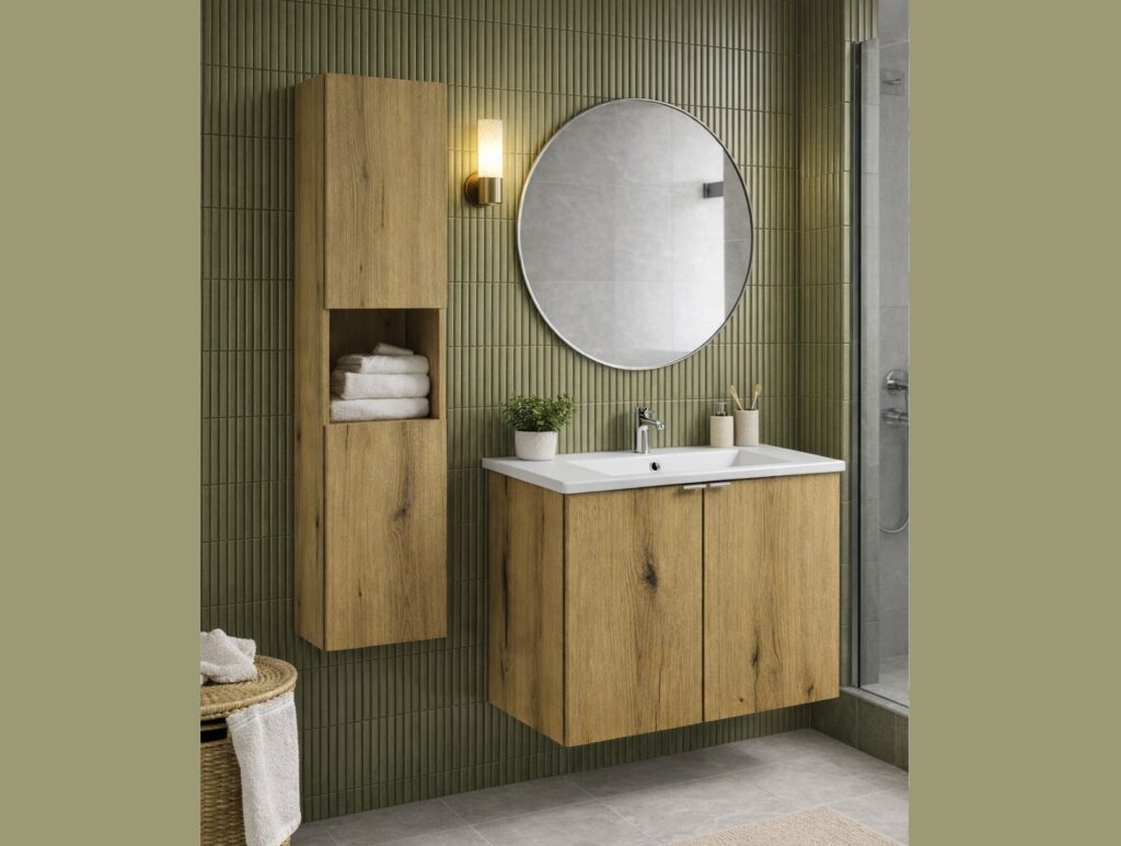 Bathroom Vanity Unit with Sink 600mm Wall Mounted Cabinet 2 Soft Close Oak Effect Doors - Nova