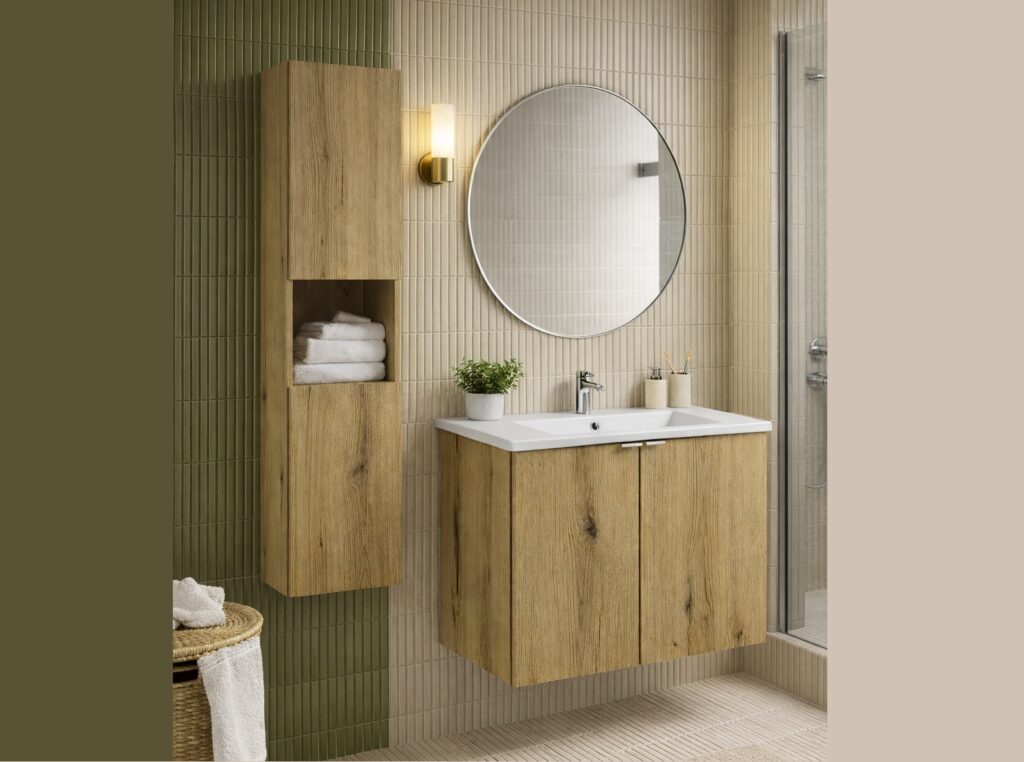 Slim Bathroom Cabinets Set Floating 600mm Vanity Unit with Sink and Tall Narrow Storage Shelving Oak - Nova