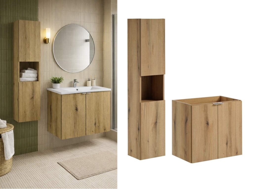 Oak Bathroom Furniture Set Wall Hung Floating Cabinets 600mm Vanity and Tall Slim Storage Shelving Unit - Nova
