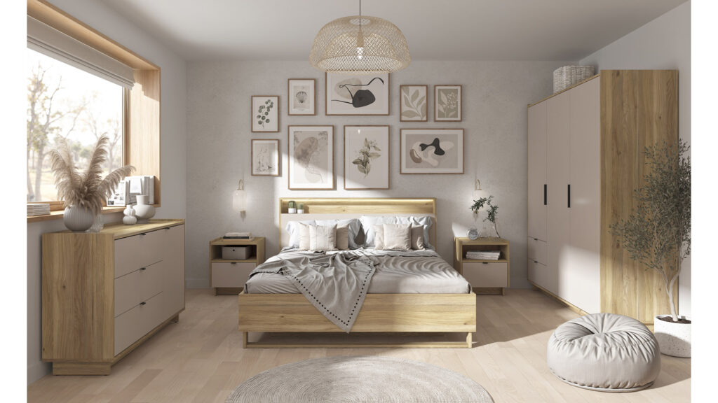 Cashmere Beige Bed Side Table Oak Cabinet with Drawer Open Shelf Small Storage Nightstand - Dalva