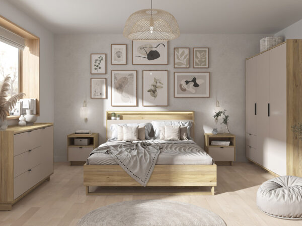 Cashmere bedroom furniture set king size ottoman lift up bed frame integrated media headboard led lights usb charges beige bedside cabinets wardrobe sideboard dalva