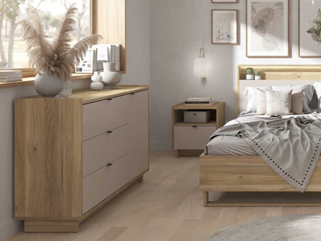 Cashmere Beige Bedroom Furniture Set King Size Ottoman Bed with Wardrobe and Bedside Cabinets - Dalva