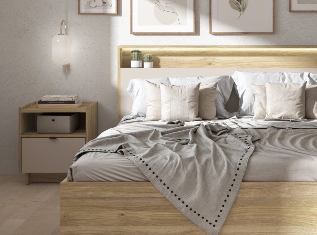 Cashmere Beige Bed Side Table Oak Cabinet with Drawer Open Shelf Small Storage Nightstand - Dalva