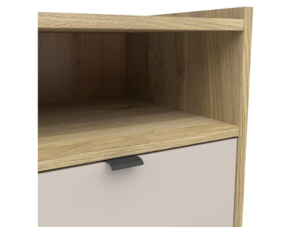 Cashmere Beige Bed Side Table Oak Cabinet with Drawer Open Shelf Small Storage Nightstand - Dalva