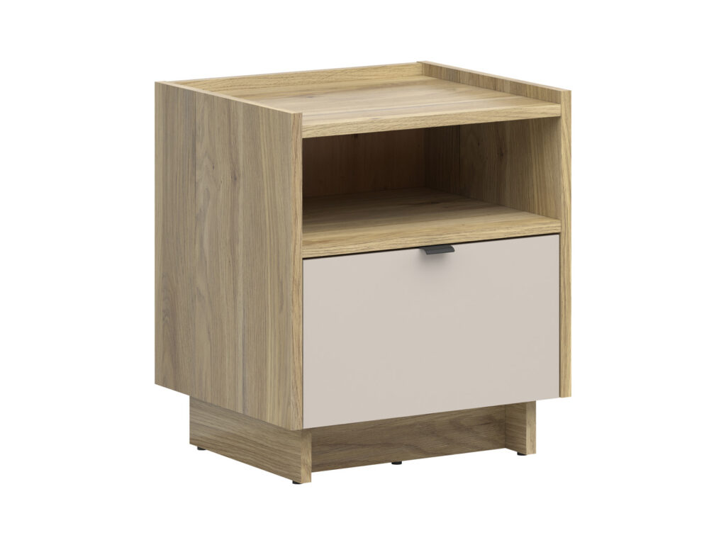 Cashmere Beige Bed Side Table Oak Cabinet with Drawer Open Shelf Small Storage Nightstand - Dalva