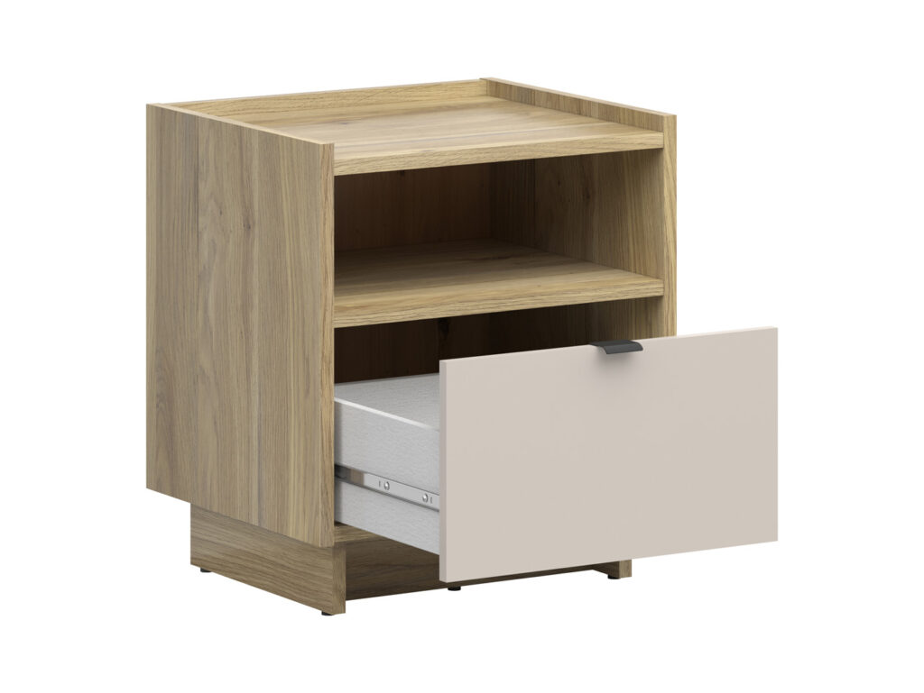 Cashmere Beige Bed Side Table Oak Cabinet with Drawer Open Shelf Small Storage Nightstand - Dalva