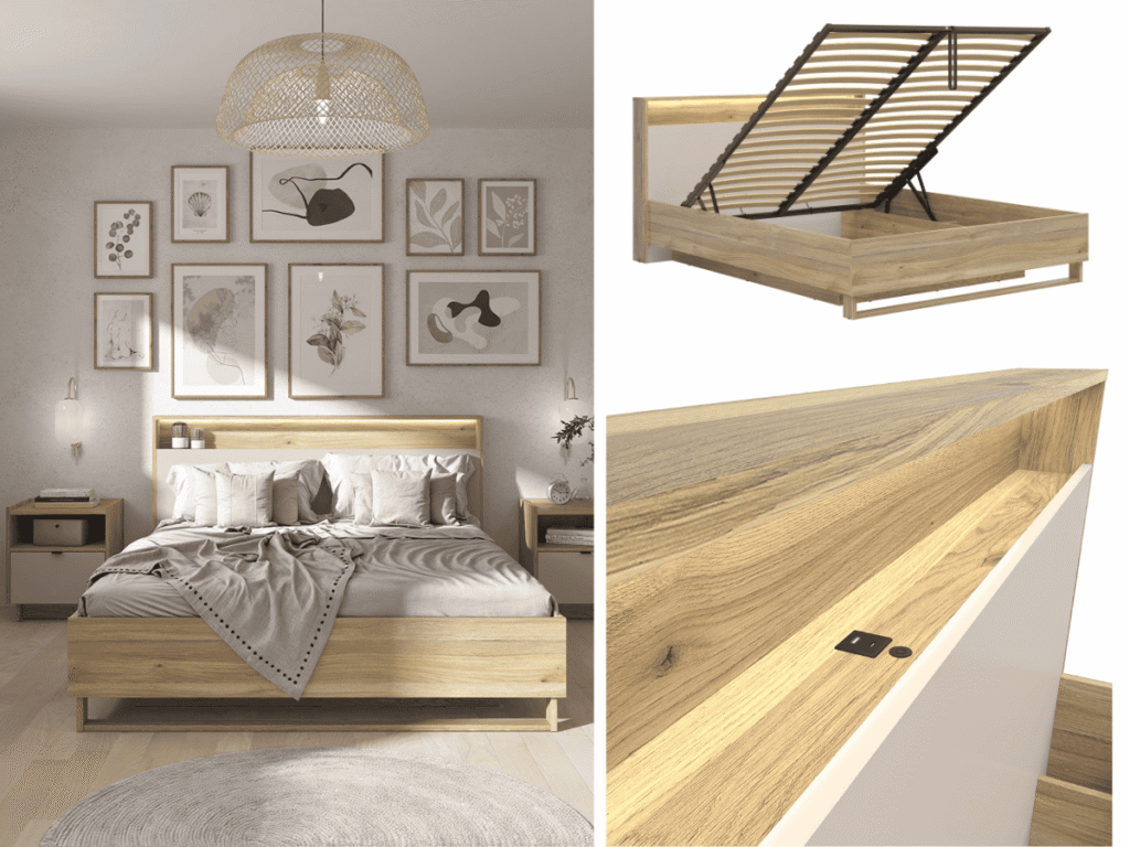 King Size Ottoman Bed Cashmere Beige Storage Lift Up Oak Bedframe with LED Light USB Media Shelf - Dalva