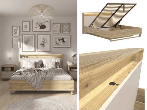 beige king size ottoman bed left up storage bed frame with high cashmere beige headboard with integrated led lights and usb charging ports and oak frame