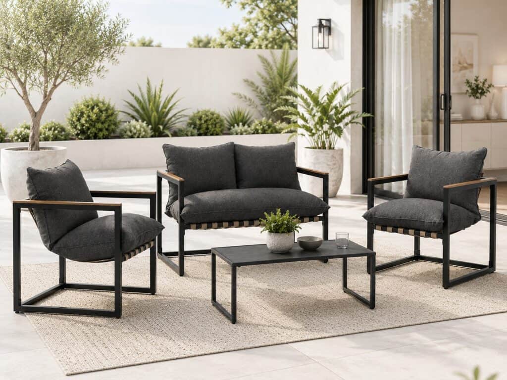 Outdoor Garden Lounge Set 2 Seater Sofa Chairs Coffee Table Grey Cushions 4 Seater Black Furniture - Porto