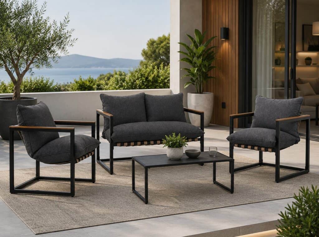 Outdoor Garden Lounge Set 2 Seater Sofa Chairs Coffee Table Grey Cushions 4 Seater Black Furniture - Porto