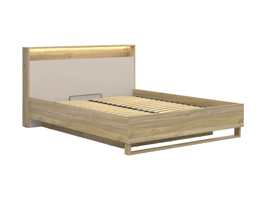 Cashmere Beige Ottoman with Storage Oak Lift Up King Size Bed with 2 Bedside Drawer Cabinets  - Dalva
