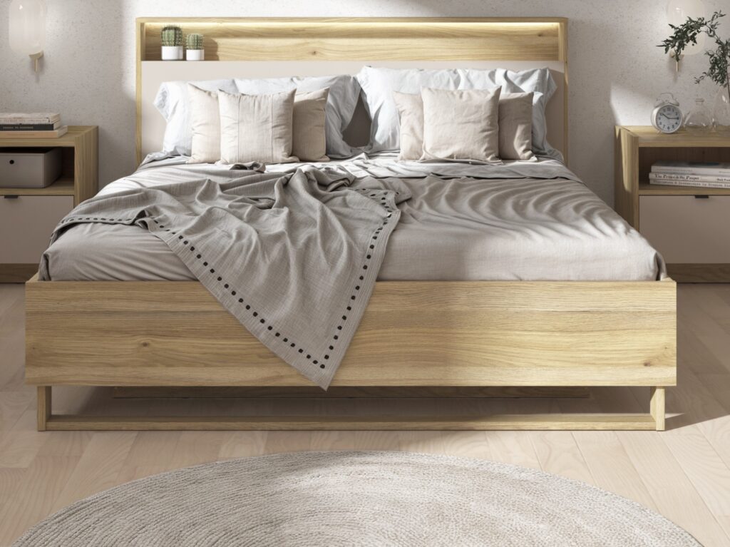 Cashmere Beige Ottoman with Storage Oak Lift Up King Size Bed with 2 Bedside Drawer Cabinets  - Dalva