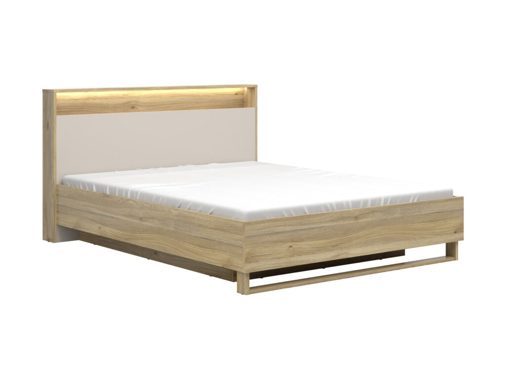 Cashmere Beige Ottoman with Storage Oak Lift Up King Size Bed with 2 Bedside Drawer Cabinets  - Dalva