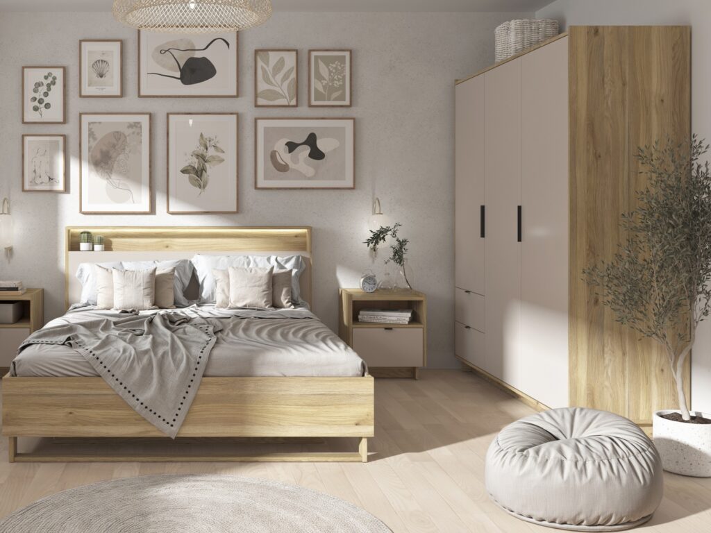 Cashmere Beige Bed Side Table Oak Cabinet with Drawer Open Shelf Small Storage Nightstand - Dalva