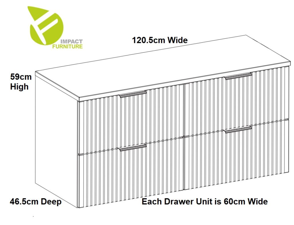 Bathroom Double Vanity Unit 4 Drawer Beige Floating Wall Sink Cabinet 120cm Countertop Fluted Fronts - Adel