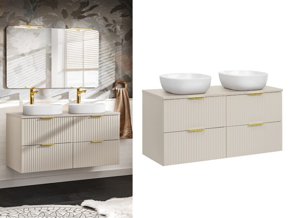 Double Vanity Unit with Basin Fluted Beige Floating Wall Hung Bathroom Sink Cabinet 1200mm Countertop - Adel