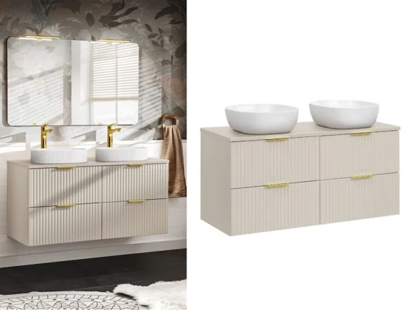 Double Vanity Unit with Basin Fluted Beige Floating Wall Hung Bathroom Sink Cabinet 1200mm Countertop - Adel