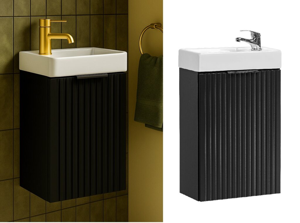 Cloakroom Vanity Unit with Small Sink Wash Basin Slimline Black Fluted Ribbed 400mm Wall Hung Cabinet - Adel