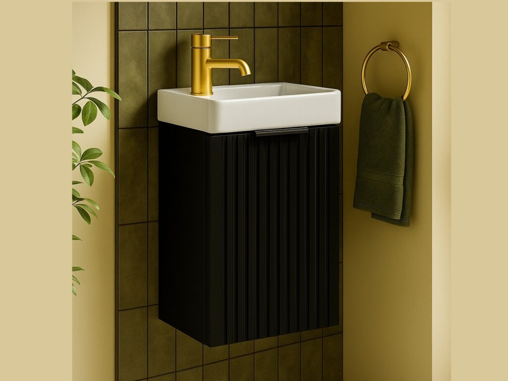 Black Cloakroom Vanity Unit Slimline Small 400mm Wall Hung Fluted Ribbed Sink Cabinet - Adel