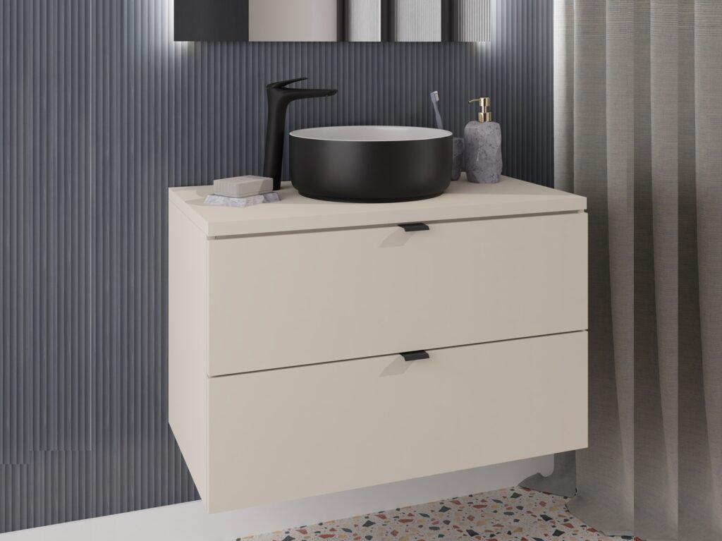 Bathroom Countertop Vanity Unit with Sink 600mm Beige Floating Cabinet Cashmere Worktop Drawers Black Basin - Dalia
