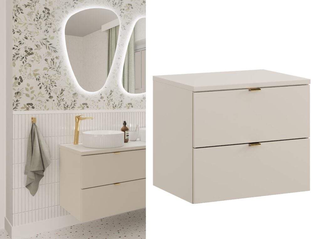 Countertop Vanity Unit 600mm Beige Bathroom Cabinet Modern Wall Hanging 2 Drawer Floating Cashmere Worktop - Dalia