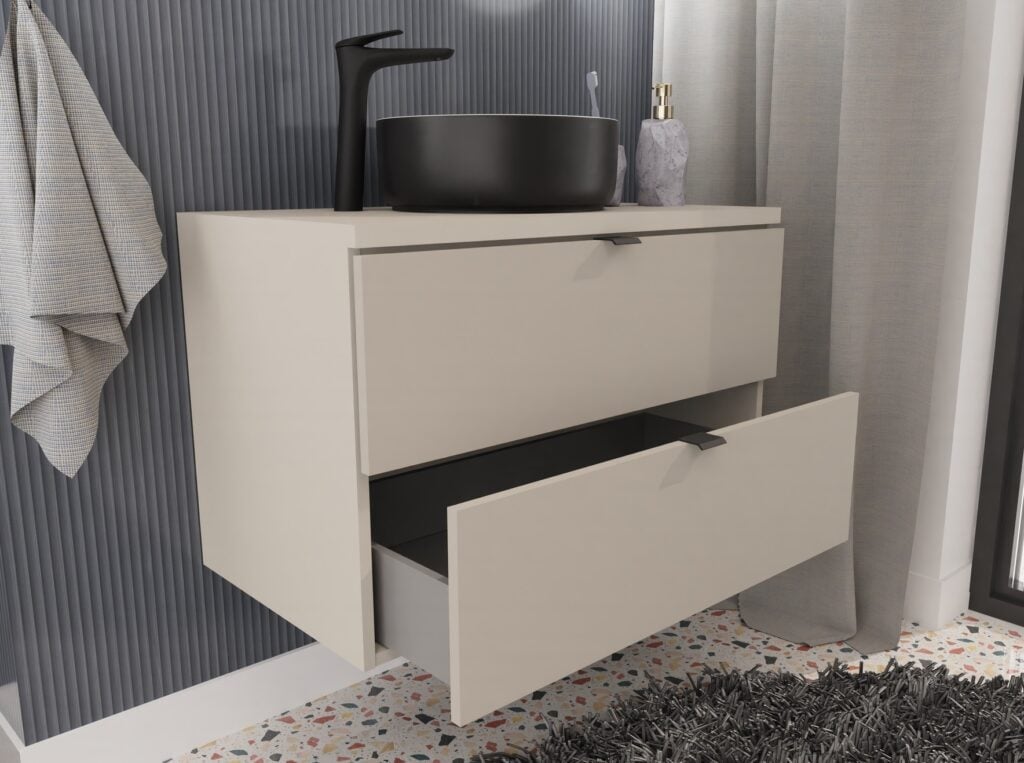 Countertop Bathroom Vanity Unit with Basin 600mm Cashmere Beige Floating Worktop Drawer Cabinet Black Sink - Dalia