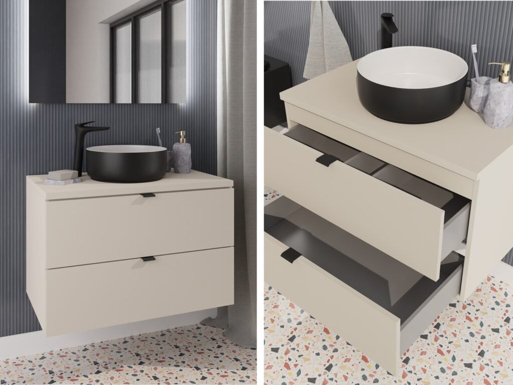 Countertop Bathroom Vanity Unit with Basin 600mm Cashmere Beige Floating Worktop Drawer Cabinet Black Sink - Dalia