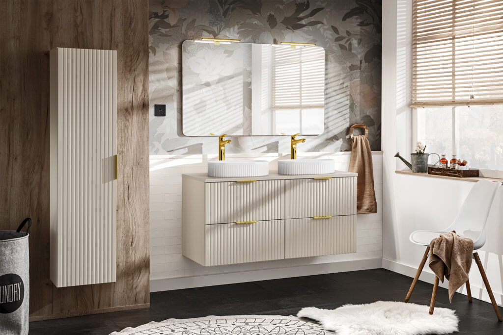 Bathroom Double Vanity Unit 4 Drawer Beige Floating Wall Sink Cabinet 120cm Countertop Fluted Fronts - Adel