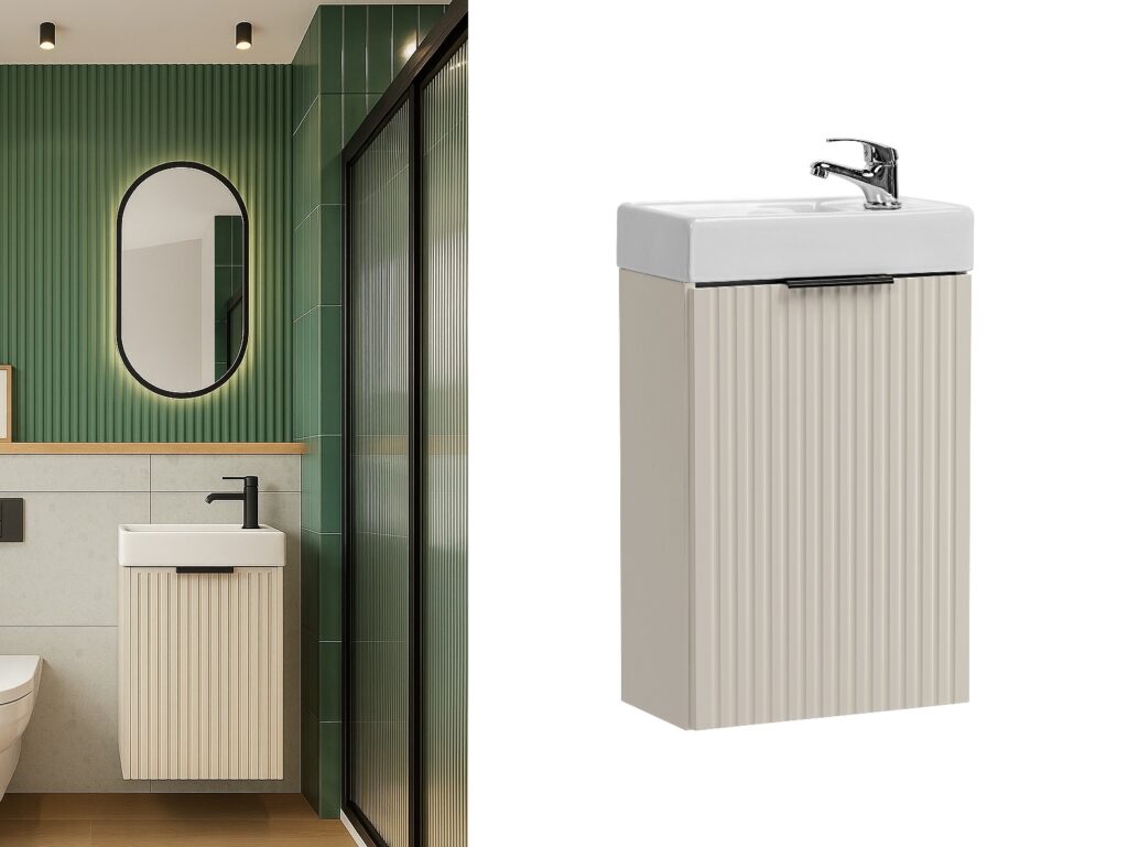 Small Cloakroom Vanity Unit with Sink Slim Wash Basin Compact Cabinet Cashmere Beige Fluted 400mm Wall Hung - Adel
