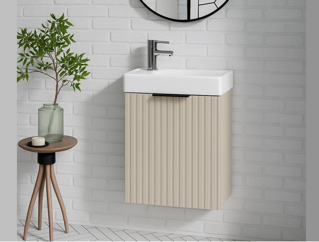 Small Cloakroom Vanity Unit with Sink Slim Wash Basin Compact Cabinet Cashmere Beige Fluted 400mm Wall Hung - Adel