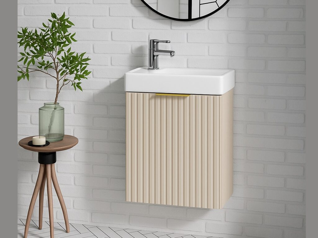Small Cloakroom Vanity Unit with Sink Slim Wash Basin Compact Cabinet Cashmere Beige Fluted 400mm Wall Hung - Adel