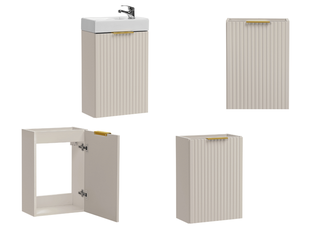 Small Cloakroom Vanity Unit with Sink Slim Wash Basin Compact Cabinet Cashmere Beige Fluted 400mm Wall Hung - Adel
