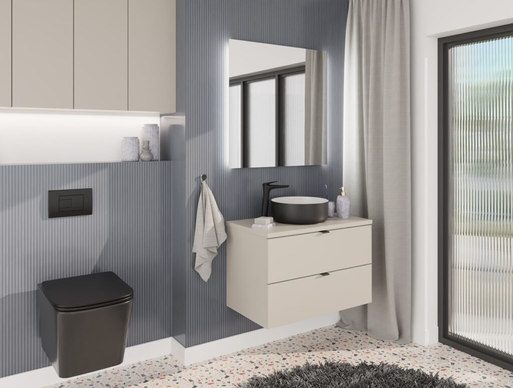 Countertop Bathroom Vanity Unit with Basin 600mm Cashmere Beige Floating Worktop Drawer Cabinet Black Sink - Dalia