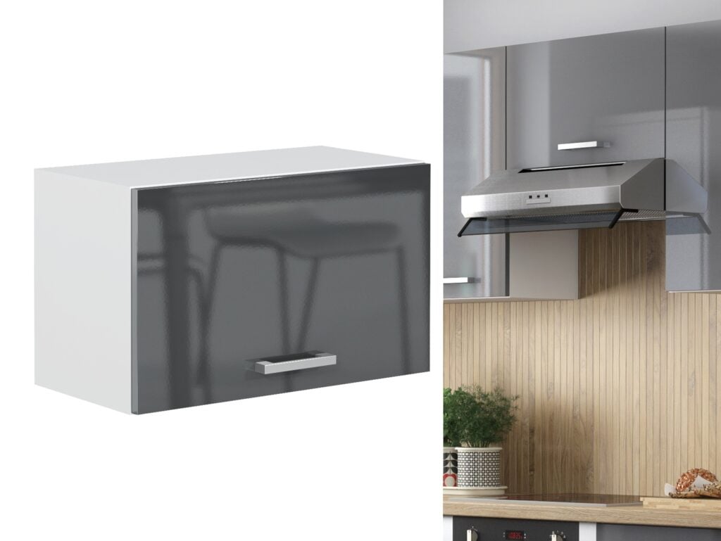 Utility Storage Cabinet Unit 600mm Kitchen Wall Shelf Half Height Slim 1 Lift Up Door Gas Piston Grey Gloss - Luxe
