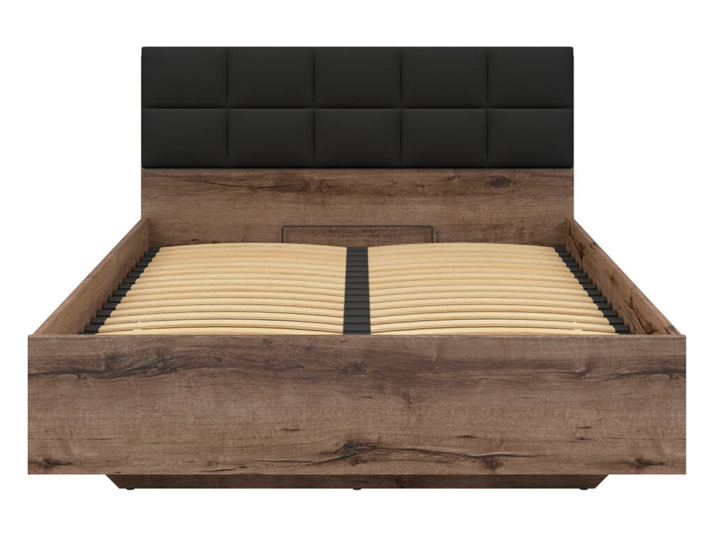 Double Ottoman Bed Frame Luxury Euro 140cm Lift Up Storage Bed Dark Oak Black Eco Leather Headboard - Kassel